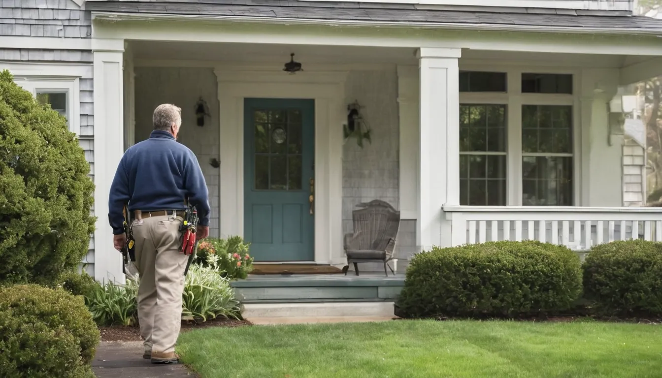A homeowner talking with a pest control provider at the front door of a house in Gloucester